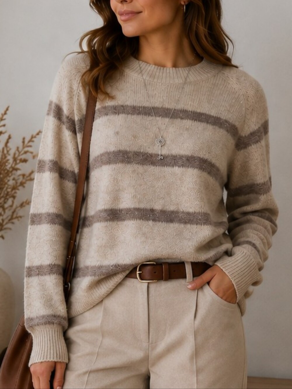 Reitmans Striped Knit Sweater – Cream & Taupe